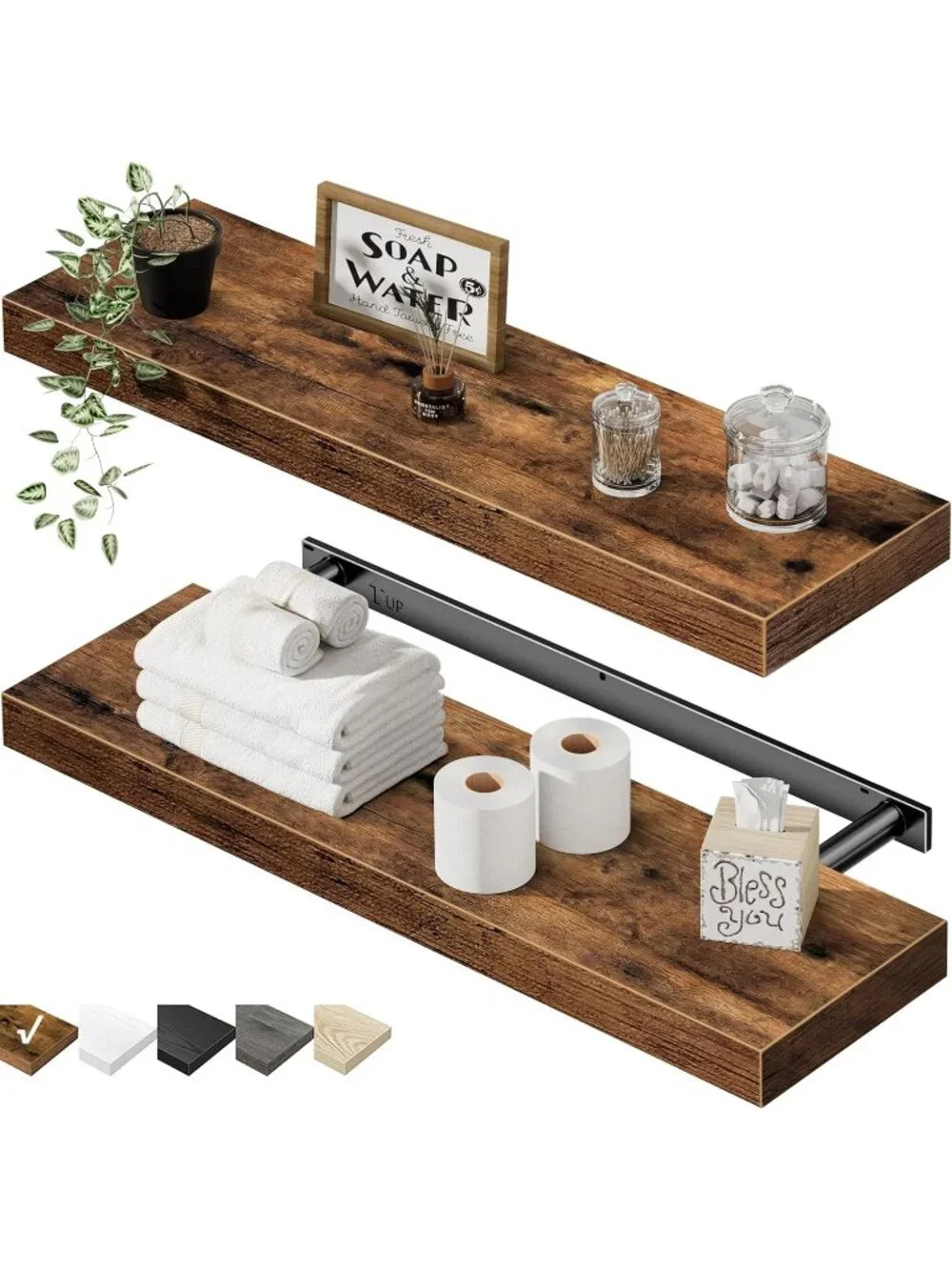 New 24-Inch Bathroom Floating Shelves, Set of 2 Rustic Brown Wall Storage Shelf